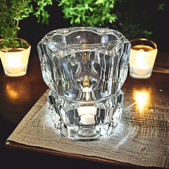Bohemia Crystal Candle Holder Vase Icy Winter Holiday Party Cube Witchy Glass - Picture 1 of 16
